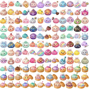 May include: A collection of numerous small, round, steamed bun illustrations featuring diverse pastel and vibrant colors, various facial expressions, and decorative elements like party hats, bows, flowers, and food items arranged in a grid.