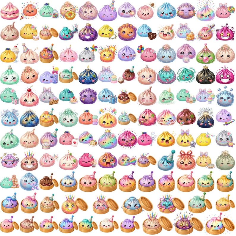 May include: A collection of numerous small, round, steamed bun illustrations featuring diverse pastel and vibrant colors, various facial expressions, and decorative elements like party hats, bows, flowers, and food items arranged in a grid.