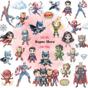 Puede incluir: Una colección de ilustraciones digitales con varios personajes de superhéroes en un formato estilizado, incluyendo Spider-Man, Batman, Iron Man, Superman, Wonder Woman, Hulk, Thor y Groot, con el texto 300 DPI Super Hero 130+ PNGs.