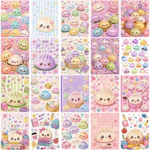 May include: A collection of twenty rectangular sticker sheets featuring various kawaii-style dumplings with smiling faces, surrounded by colorful pastel patterns, stars, flowers, and school supplies like notebooks, pencils, and backpacks.
