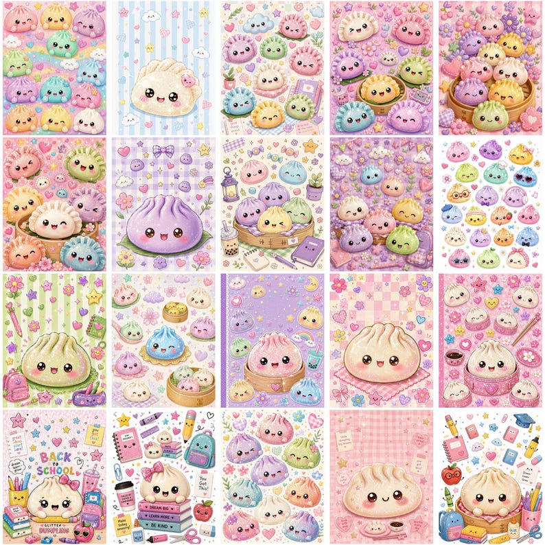 May include: A collection of twenty rectangular sticker sheets featuring various kawaii-style dumplings with smiling faces, surrounded by colorful pastel patterns, stars, flowers, and school supplies like notebooks, pencils, and backpacks.