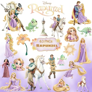 Puede incluir: Una colección de 63 imágenes PNG digitales que presentan personajes de Disney Rapunzel, incluyendo a Rapunzel con cabello rubio largo, Flynn Rider, el caballo blanco Maximus y el camaleón Pascal, junto a una torre, una flor y linternas.