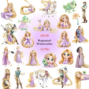Puede incluir: Una colección de ilustraciones en acuarela que muestran a Rapunzel, Flynn Rider, el caballo Maximus y el camaleón Pascal en varias poses. El texto 300 DPI, Rapunzel Watercolor y 63 PNGs está centrado entre los gráficos de personajes.