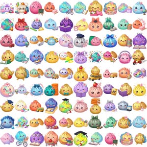 May include: A collection of numerous small, round, cartoon-style dumpling characters in various colors, each featuring expressive faces and interacting with school-themed accessories like books, pencils, backpacks, and globes.