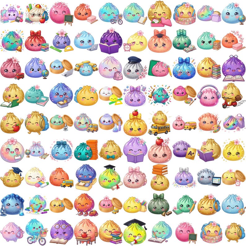 May include: A collection of numerous small, round, cartoon-style dumpling characters in various colors, each featuring expressive faces and interacting with school-themed accessories like books, pencils, backpacks, and globes.