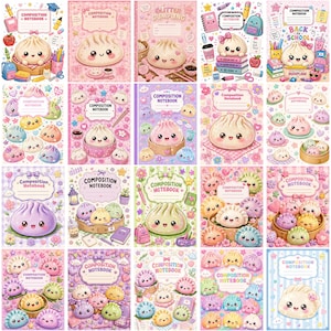 May include: A collection of twenty composition notebooks featuring kawaii-style illustrations of smiling dumplings, colorful patterns, stars, hearts, and school supplies. Each notebook cover displays a central label with the text Composition Notebook.