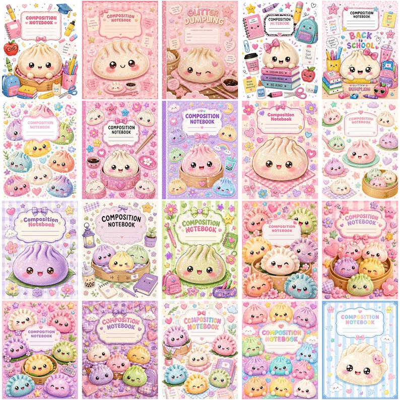 May include: A collection of twenty composition notebooks featuring kawaii-style illustrations of smiling dumplings, colorful patterns, stars, hearts, and school supplies. Each notebook cover displays a central label with the text Composition Notebook.