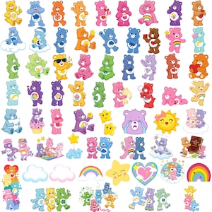 Pode incluir: Uma coleção de adesivos coloridos dos Care Bears com vários personagens em diferentes poses, incluindo ursos com símbolos em suas barrigas, estrelas amarelas, nuvens brancas, um arco-íris, um coração e um livro intitulado Care Bear Tales.