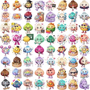 May include: A collection of sixty-four colorful, cartoon-style dumpling characters engaged in various school-related activities, including reading, writing, painting, and playing sports, each featuring expressive faces and vibrant accessories.