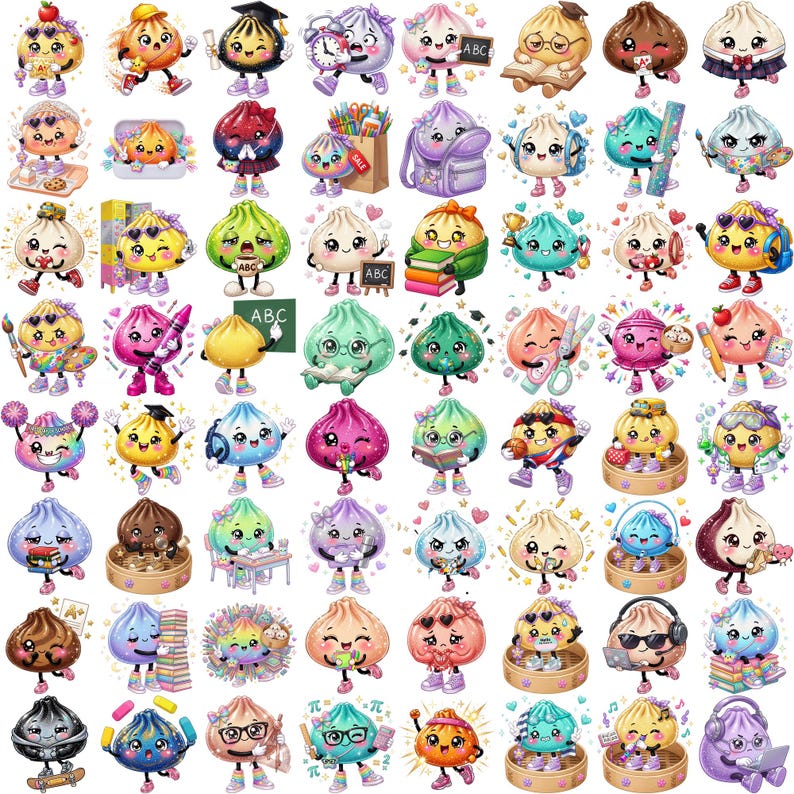 May include: A collection of sixty-four colorful, cartoon-style dumpling characters engaged in various school-related activities, including reading, writing, painting, and playing sports, each featuring expressive faces and vibrant accessories.