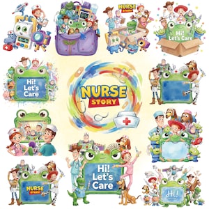 Puede incluir: Una colección de ilustraciones digitales con personajes de dibujos animados de Toy Story vestidos como profesionales médicos, junto a marcos con forma de rana verde con el texto Nurse Story y Hi! Let's Care.