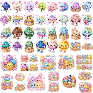 May include: A collection of colorful, cartoon-style dumpling characters with expressive faces, some wearing accessories like bows, hats, or holding items, arranged in various groupings, individual poses, and bamboo steamer baskets.