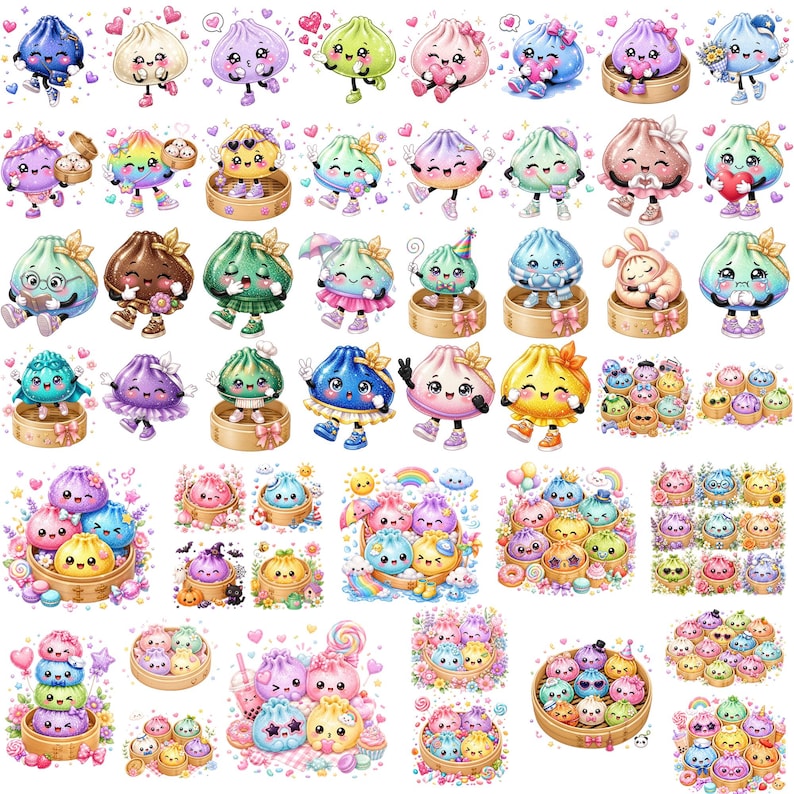 May include: A collection of colorful, cartoon-style dumpling characters with expressive faces, some wearing accessories like bows, hats, or holding items, arranged in various groupings, individual poses, and bamboo steamer baskets.