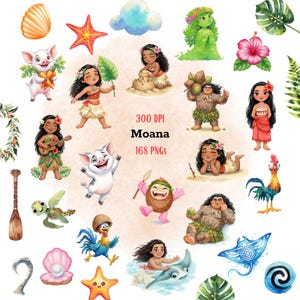 Puede incluir: Una colección digital de ilustraciones en acuarela con temática de Moana que incluye personajes como Moana, Maui, el cerdo Pua y el gallo Heihei, junto a elementos tropicales como conchas, flores, hojas y un remo, con el texto 300 DPI Moana 168 PNGs.
