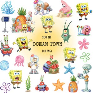 Paquete de imágenes prediseñadas de Ocean Town, PNG de acuarela submarina, esponja marina, estrella de mar, cangrejo, fiesta oceánica de dibujos animados, 140 PNG, descarga digital