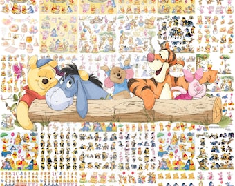 May include: A collection of Winnie the Pooh character stickers featuring Pooh, Eeyore, Piglet, Tigger, and Roo in various poses. The sheet includes numerous small illustrations of the characters interacting, eating honey, and playing in a forest.