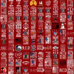 May include: A digital collage featuring numerous red-themed graphic designs with American flag motifs, military-inspired imagery, and text phrases such as "Remember Everyone Deployed" and "I Wear Red on Fridays" to support deployed service members.