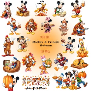 May include: A collection of digital illustrations featuring Mickey Mouse and friends in autumn-themed outfits and activities, including pumpkins, turkeys, and fall foliage. The text reads 300 DPI, Mickey & Frineds Autumn, and 187 PNGs.