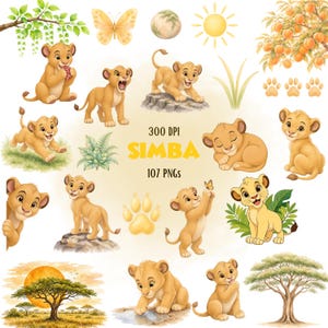May include: A digital collection of illustrations featuring a lion cub in various poses, a yellow butterfly, a sun, a tree with orange fruit, paw prints, a savanna landscape, and an acacia tree, with the text 300 DPI SIMBA 107 PNGS.