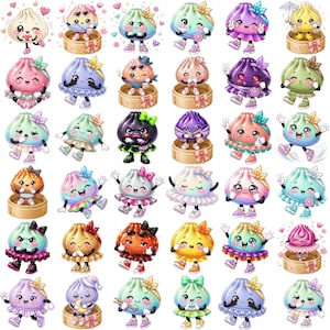 May include: A collection of thirty individual stickers featuring anthropomorphic steamed dumplings with various facial expressions, colorful outfits, and accessories, including some sitting in bamboo steamer baskets with pink bows.