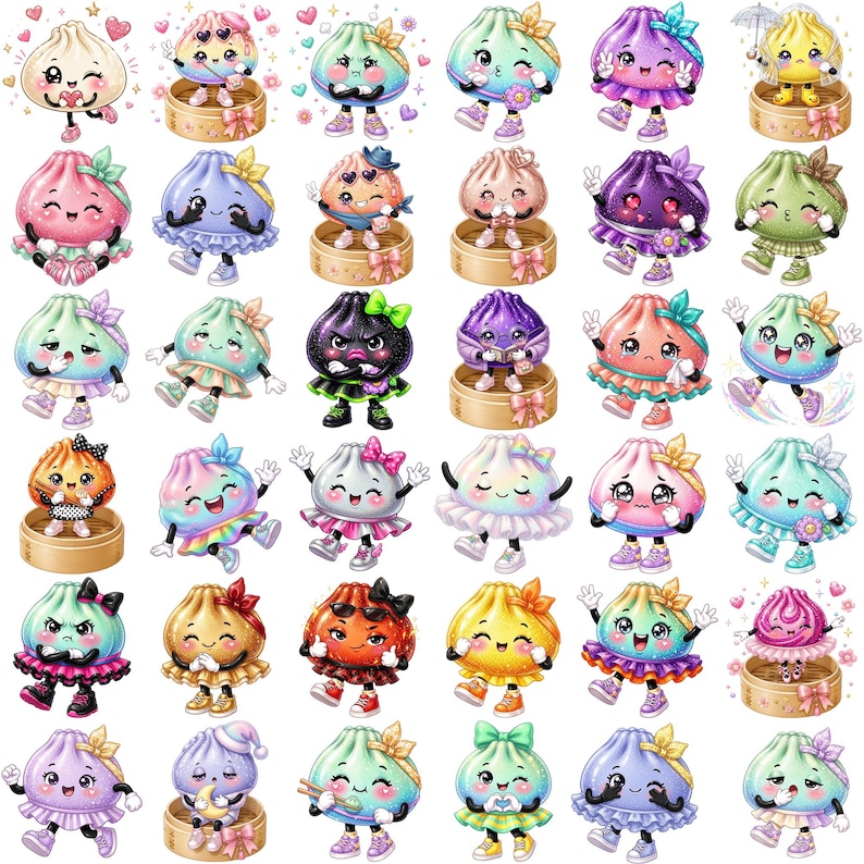 May include: A collection of thirty individual stickers featuring anthropomorphic steamed dumplings with various facial expressions, colorful outfits, and accessories, including some sitting in bamboo steamer baskets with pink bows.