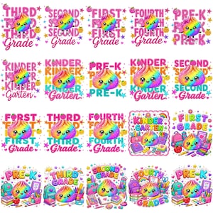 May include: A collection of twenty colorful digital illustrations featuring rainbow-colored, smiling dumpling characters. Each design includes school-themed text such as Pre-K, Kindergarten, First, Second, Third, and Fourth Grade, accented with stars, hearts, and school supplies.