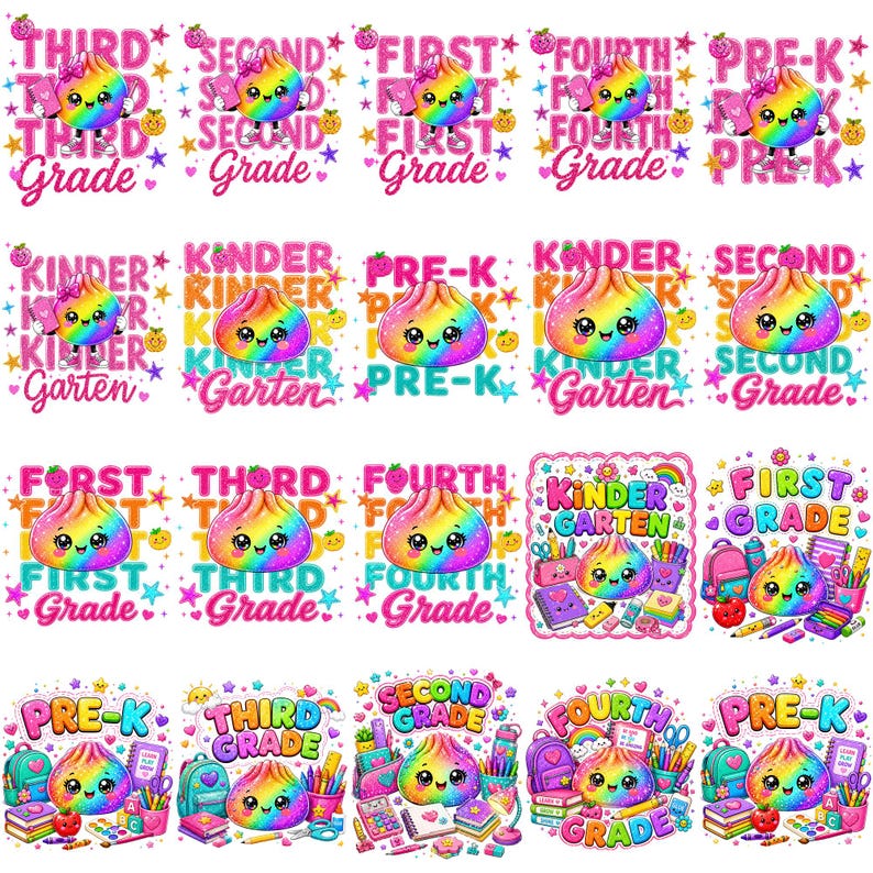May include: A collection of twenty colorful digital illustrations featuring rainbow-colored, smiling dumpling characters. Each design includes school-themed text such as Pre-K, Kindergarten, First, Second, Third, and Fourth Grade, accented with stars, hearts, and school supplies.