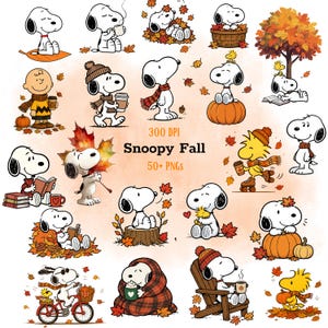 May include: A collection of digital illustrations featuring Snoopy and Woodstock in various autumn scenes, including pumpkins, falling leaves, scarves, and hot beverages. The text reads 300 DPI Snoopy Fall 50+ PNGs, showcasing characters in cozy seasonal activities like reading, cycling, and sitting in chairs.