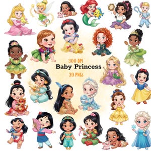 May include: A digital collection of 39 baby princess illustrations featuring various characters in colorful outfits, including Snow White, Cinderella, and others, with the text 300 DPI Baby Princess 39 PNGs centered in the middle of the image.