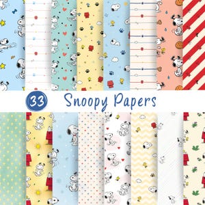 May include: A collection of 33 digital papers featuring Snoopy and Woodstock in various patterns including stripes, polka dots, and chevrons. The designs incorporate red doghouses, paw prints, hearts, and stars in a palette of blue, yellow, and pink.