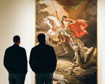 Saint George Killing the Dragon Classical Serbian Canvas Art | Modern Gallery Scene with Nikola Jokic & Karl-Anthony Towns | Fine Art Print