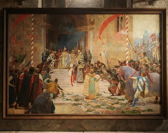 Krunisanje Cara Dusana Canvas Wall Art Serbian Historical Painting by Paja Jovanovic, Framed Cultural Print