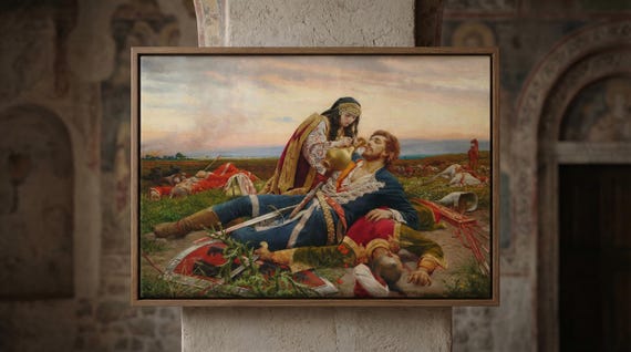 Kosovka Devojka Canvas 12" x 9" Wall Art With Frame, Serbian Cultural Painting Reproduction, Traditional Fine Art Print For Home Or Gift