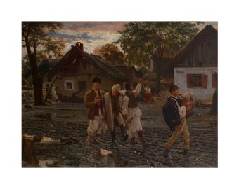 Poster Vesela braca (Happy Brothers, 1887) - Uros Predic | Serbian Village Celebration Poster Art | Wedding & Festive Scene