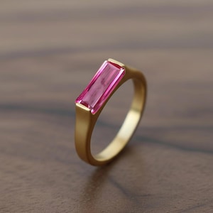 14K Gold Baguette Ruby Quartz Ring – Minimalist Stacking Band – July Birthstone Gift