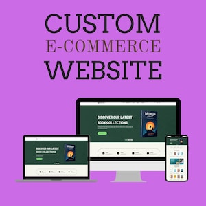 Könnte beinhalten: Ein digitales Mockup, das ein individuelles E-Commerce-Website-Design zeigt. Das Bild zeigt einen Laptop, einen Desktop-Computer und ein Smartphone, die die Website-Oberfläche anzeigen. Der Text "CUSTOM E-COMMERCE WEBSITE" wird oben angezeigt.