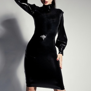Latex Mistress Dress. High Neck Long Loose Sleeve Pencil Dress. Fetish Couture, Custom Fit by Catalyst Latex