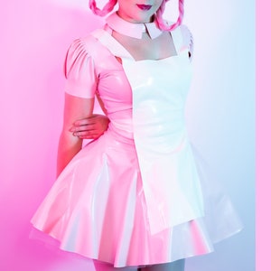 Latex Nurse Joy Inspired Dress & Apron Set. Cosplay Latex Costume with Puff Sleeves. Pastel Fetishwear by Catalyst Latex