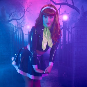 Latex Daphne Costume Set. Fetish Rubber Cosplay Outfit with Crop Top, Mini Skirt & Neck Scarf set by Catalyst Latex