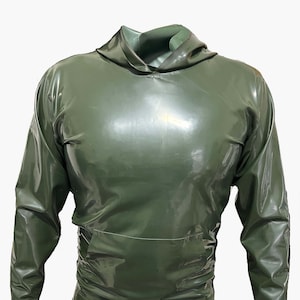 May include: A dark green long-sleeved hooded sweatshirt made of shiny latex.