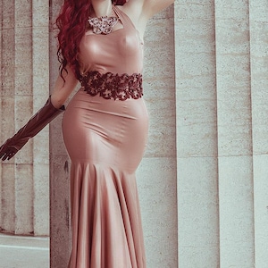 Latex Aphrodite Halter Gown: Elegant Fitted Bodice, Full Skirt