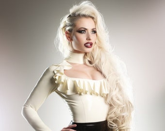 Latex Ruffle Blouse with Long Sleeves and Open Chest