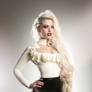 Latex Ruffle Blouse. Elegant Fetish Top with High Neck and Frill Detail. Glossy Statement Latex wear by Catalyst Latex