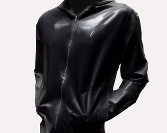 May include: A black hooded jacket with a glossy, reflective finish. The garment features a full-length front zipper, long sleeves, and two front pockets. The material appears smooth and shiny, creating distinct highlights across the surface.