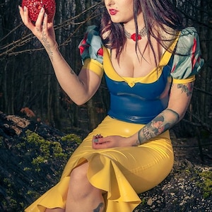 Latex Snow White Costume. Princess Cosplay Set with Puff Sleeve Top, Inflatable Collar & Pencil Frill Skirt by Catalyst Latex
