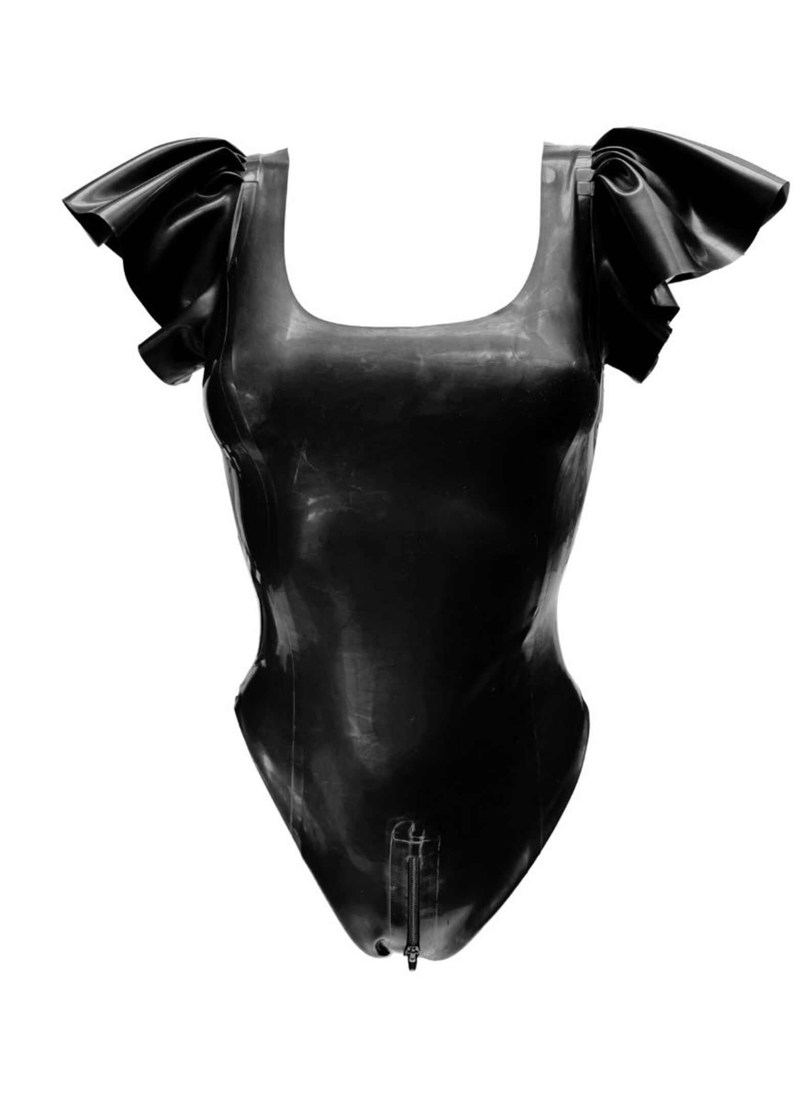 Black latex swimsuit with dramatic ruffled sleeves and a square neckline, displayed on a white background.