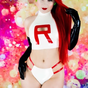 Latex Team Rocket Cosplay Lingerie Set. Red and White Halter Top & Strappy Briefs. Anime Villain Inspired by Catalyst Latex