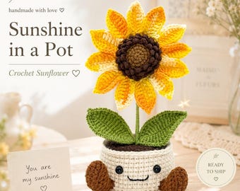 Vaso a forma di girasole all'uncinetto con faccina sorridente, graziosa decorazione da scrivania, fiore eterno, regalo fatto a mano per insegnante, studente, amico