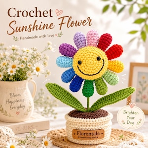 Gehäkelte Regenbogen Lächeln Blume im Topf, Schreibtisch Dekor, emotionale Unterstützung, handgemachtes Geschenk für Lehrer, Schüler, Freund