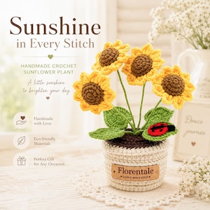 May include: A handmade crochet sunflower plant with three yellow flowers, brown centres, and green leaves. A small red ladybird with black spots sits on a leaf. The plant is in a cream-coloured crocheted pot with a brown label reading Florentale.